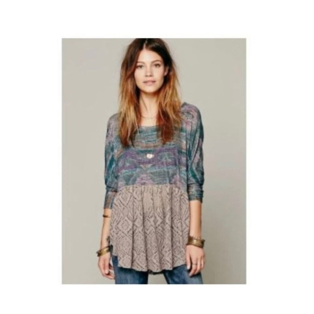 Free People Tunic Top Boho Lace Trim Keyhole Punch‎ Diamonds Forever small